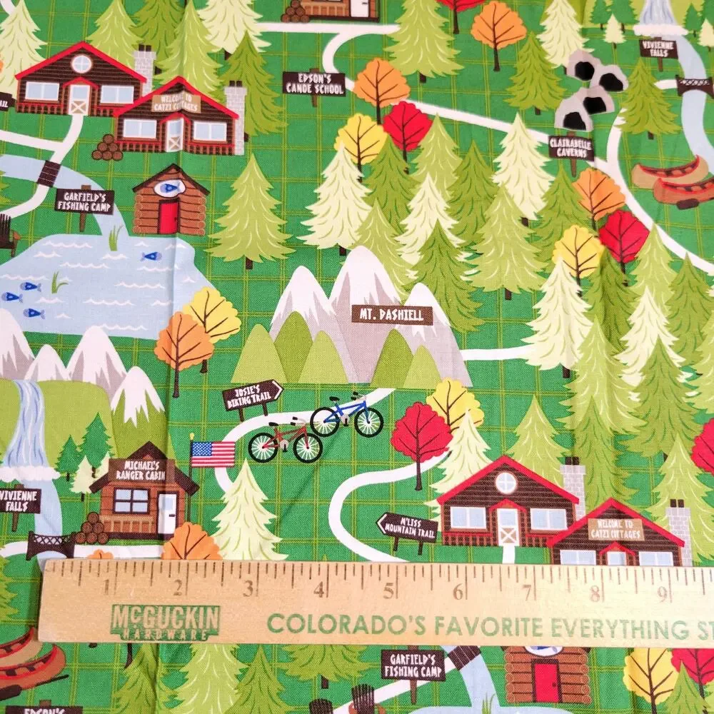 Cotton Fabric Green North Woods Cabins Trails Forest Campsite 24x44 Quilting